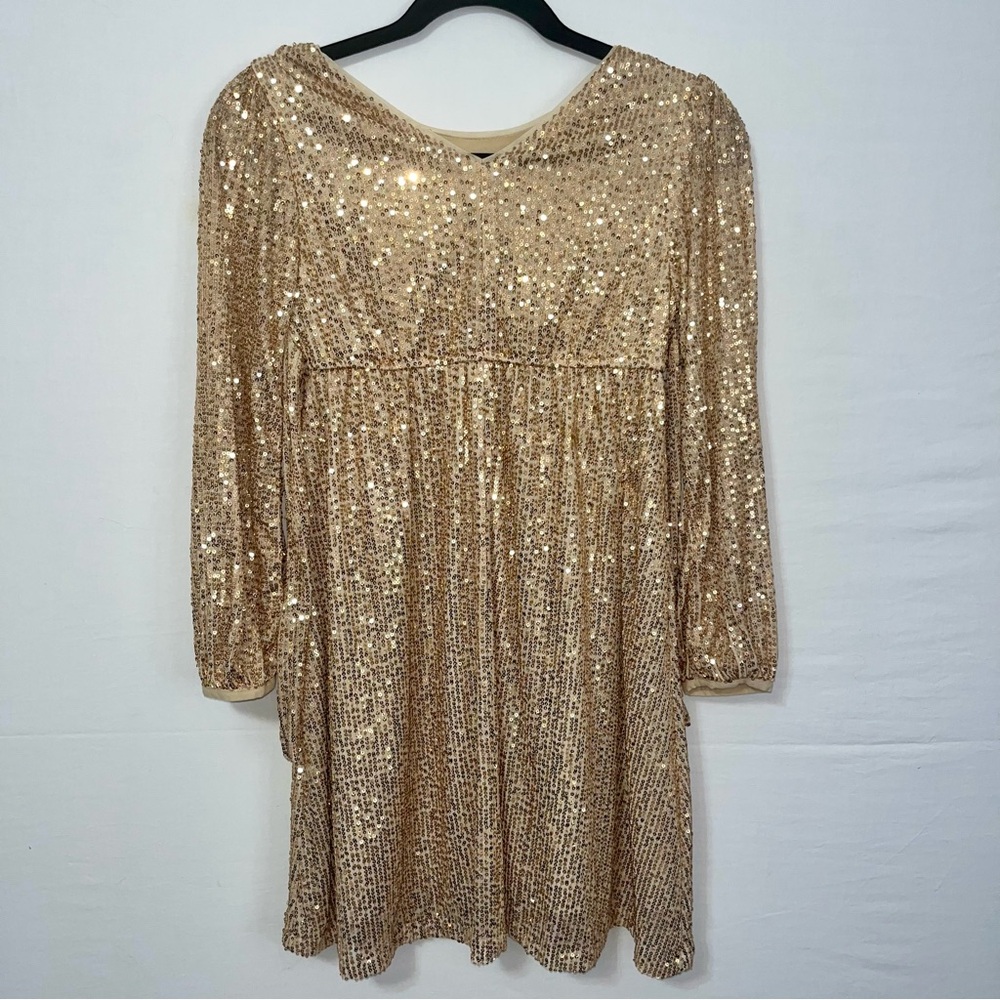 Gold Sequin 3/4 Sleeve Dress Girls 12 Fits Juniors Small  💛